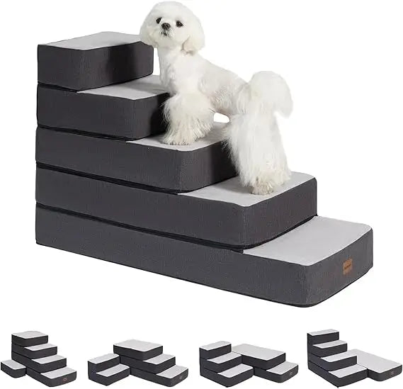 5-Step Adjustable Dog Stairs for High Beds, Dog Steps for Small Dogs and Cats, Foldable Pet Stairs for Bed Climbing, Non-Slip Pe