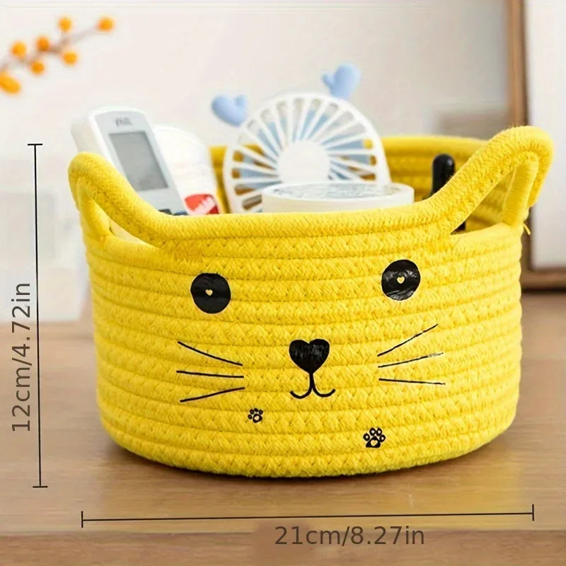 Cat Basket Storage Woven Basket Organizer with Ears Decorative Pet Toy Cute Cotton Rope Basket for Gift Cat Dog Toy Bin