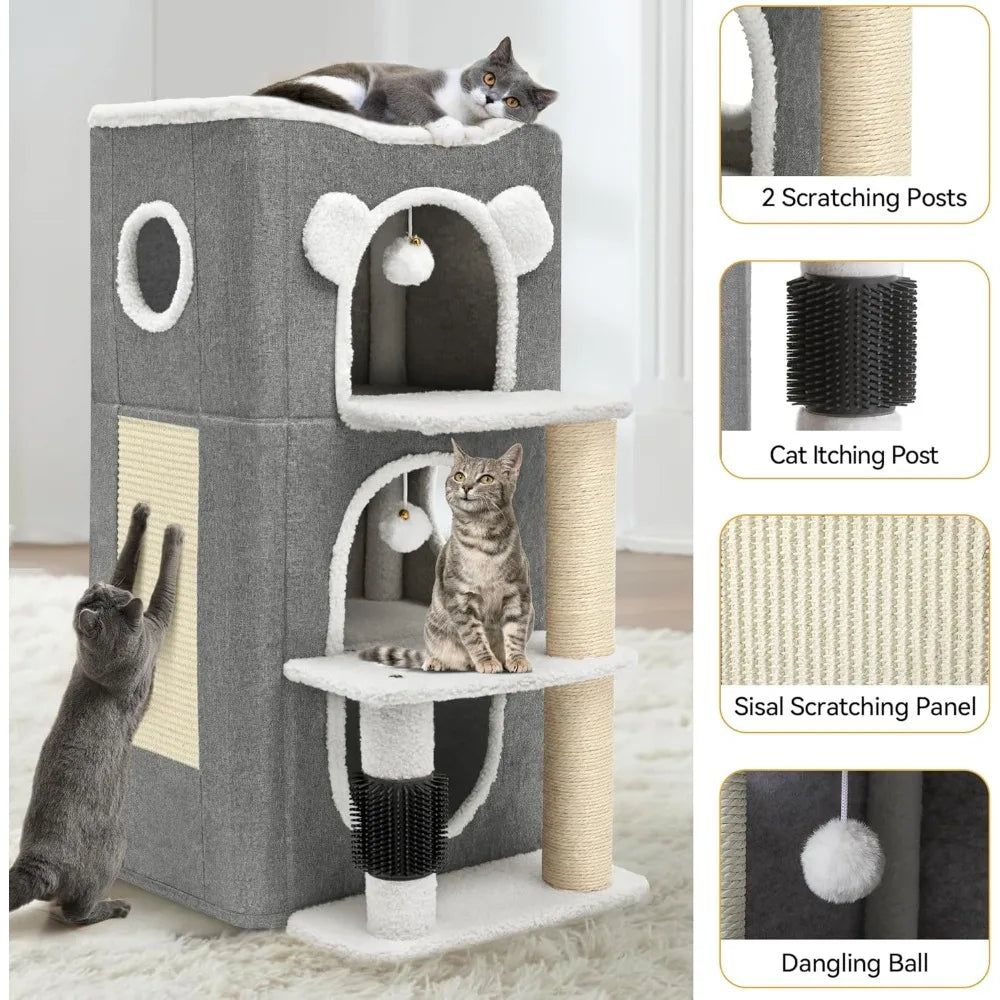 3-Tier Cat House, Cat Beds for Indoor Cats, Modern Cat Condo with Highway Cave, Scratch & Itching Post, Climbing Stand,