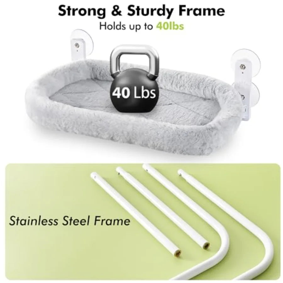 Cordless Cat Window Perch Cat Hammock for Wall with 4 Strong Suction Cups Solid Metal Frame and Two Replaceable Covers Foldable