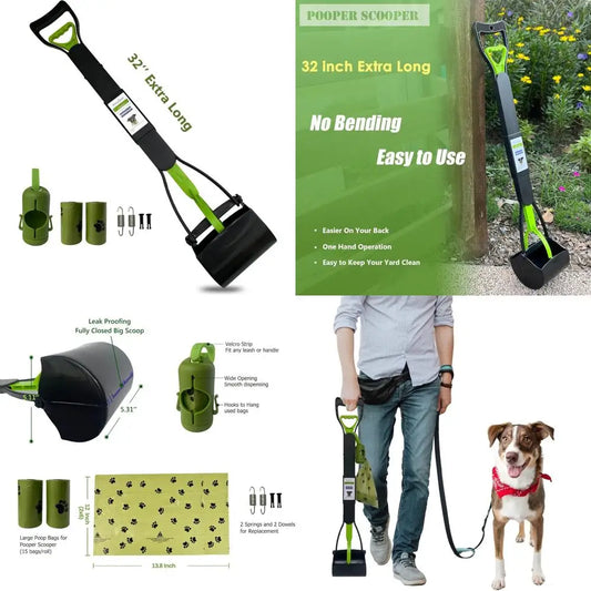 32" Pooper Scooper for Large Medium Small Dogs with Bag Attachment, Extra Long Handle Heavy Duty with 30 Dog Poop Bags & 1 Dispe