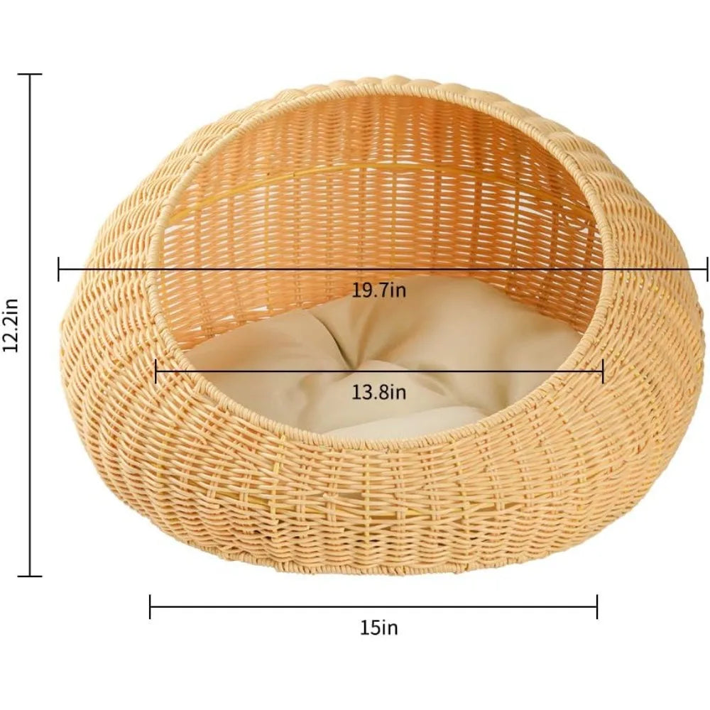 round rattan bed with cushion for cats and small dogs, wicker pet basket house