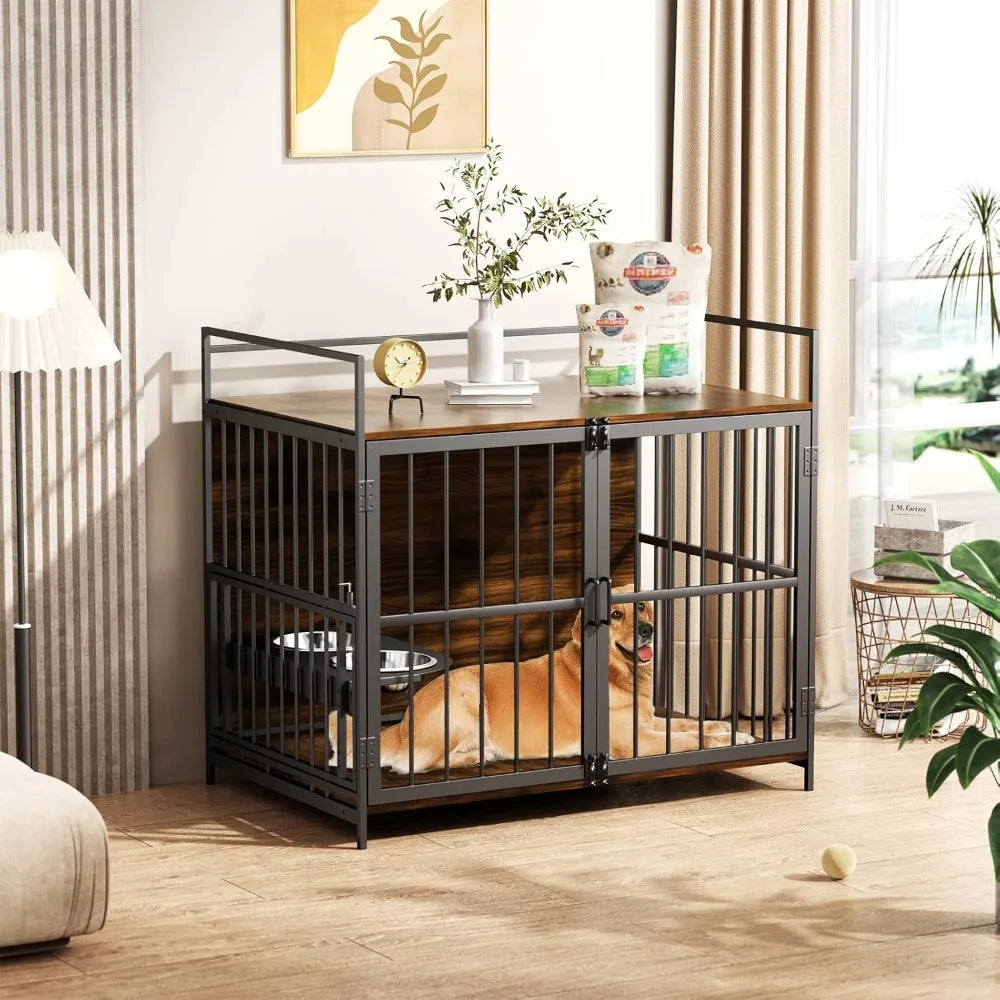 Dog Crate Furniture-Style Cages for Large Dogs Indoor Heavy Duty Super Sturdy Dog Kennels with 2 Stainless Steel Bowls (