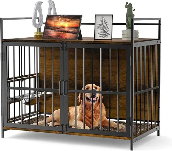 Dog Crate Furniture-Style Cages for Large Dogs Indoor Heavy Duty Super Sturdy Dog Kennels with 2 Stainless Steel Bowls (