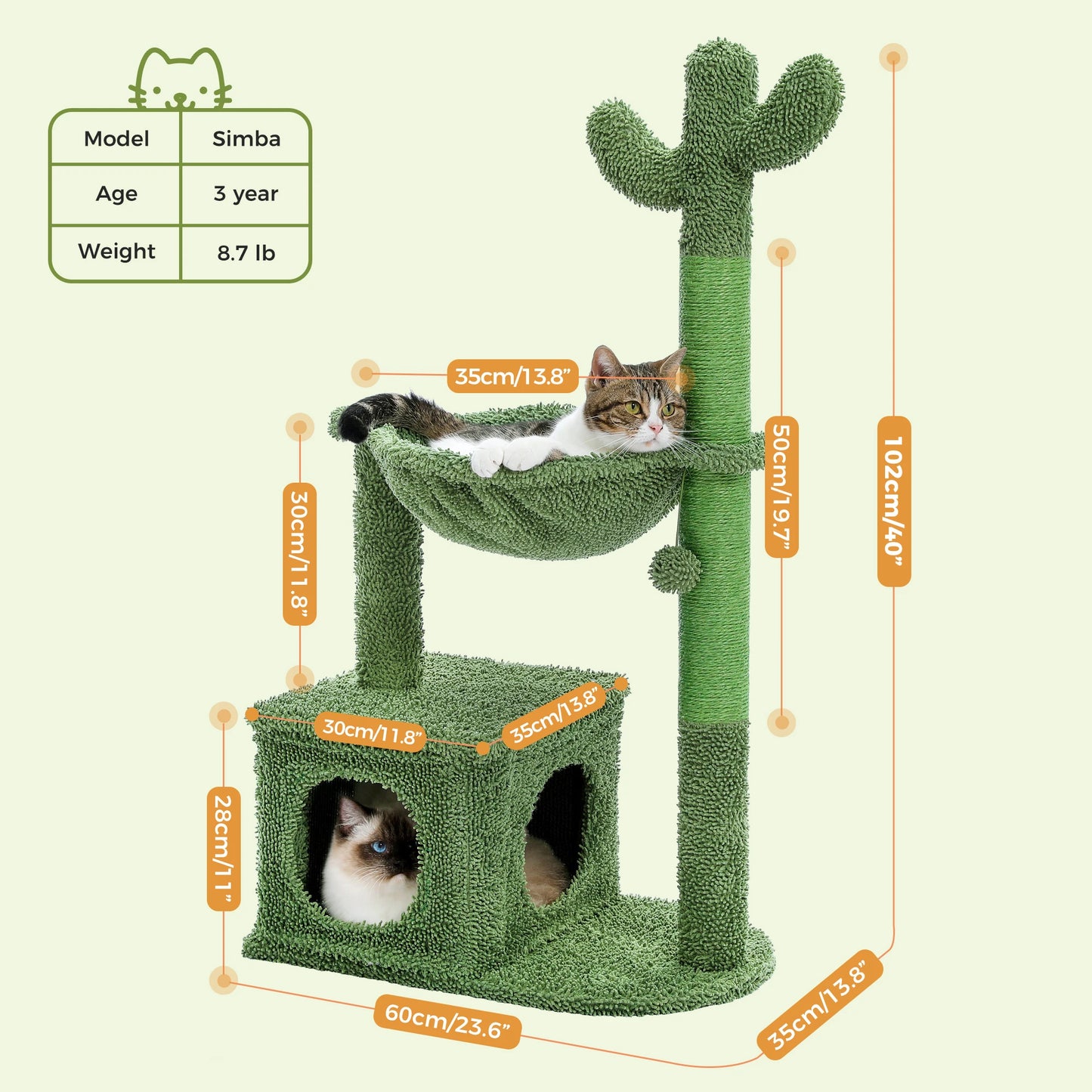 Cactus Cat Tree with Large Condo, Hammock, Dangling Ball, Small Cat Tower, Cat Scratching Post for Indoor, Cat Toys