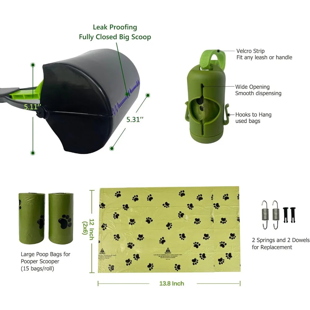 32" Pooper Scooper for Large Medium Small Dogs with Bag Attachment, Extra Long Handle Heavy Duty with 30 Dog Poop Bags & 1 Dispe