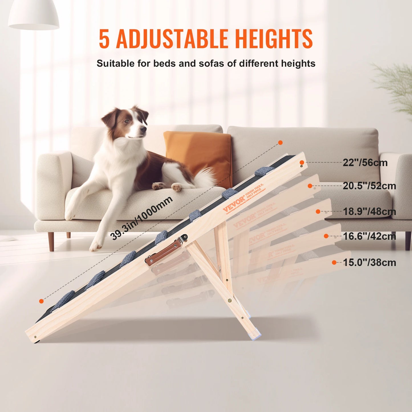 Dog Ramp Folding Ladder Anti-slip High Adjustable Wooden Pet Ramp Removable for Small Old Dog Climbing Stairs Sofa Car