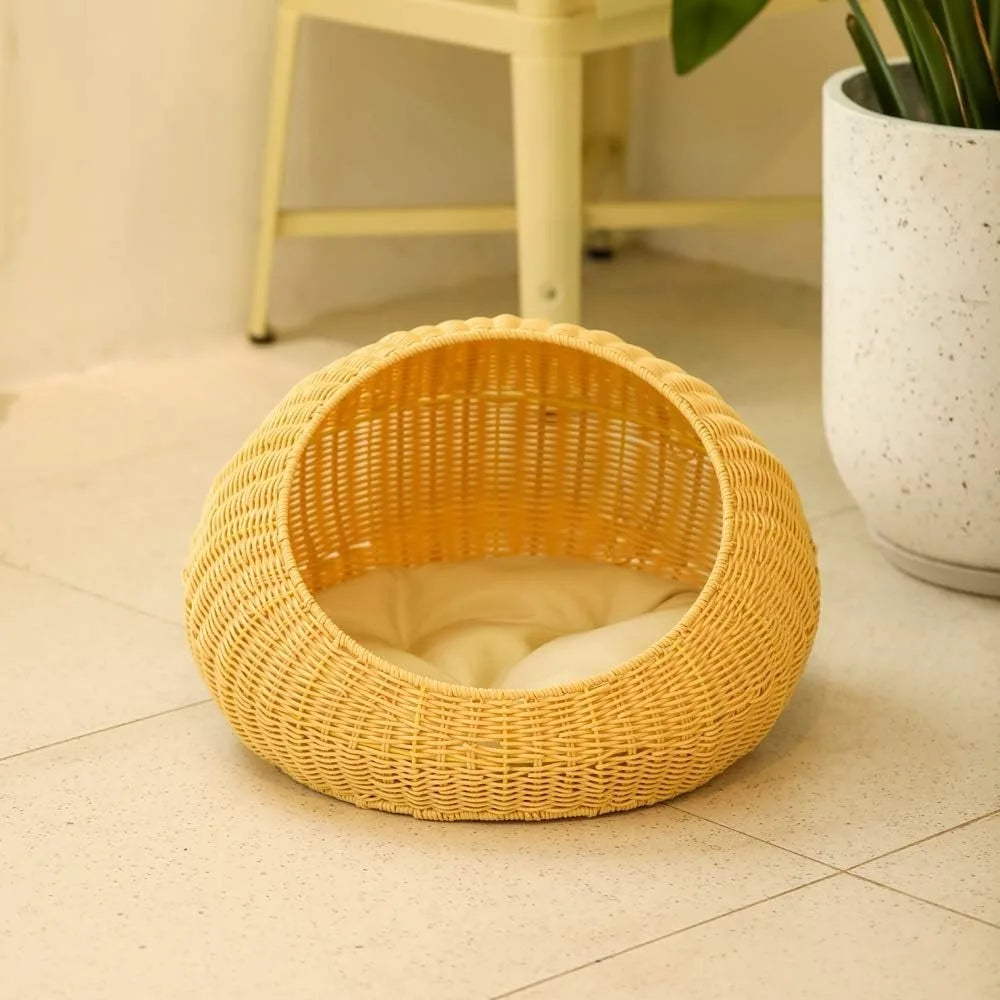round rattan bed with cushion for cats and small dogs, wicker pet basket house