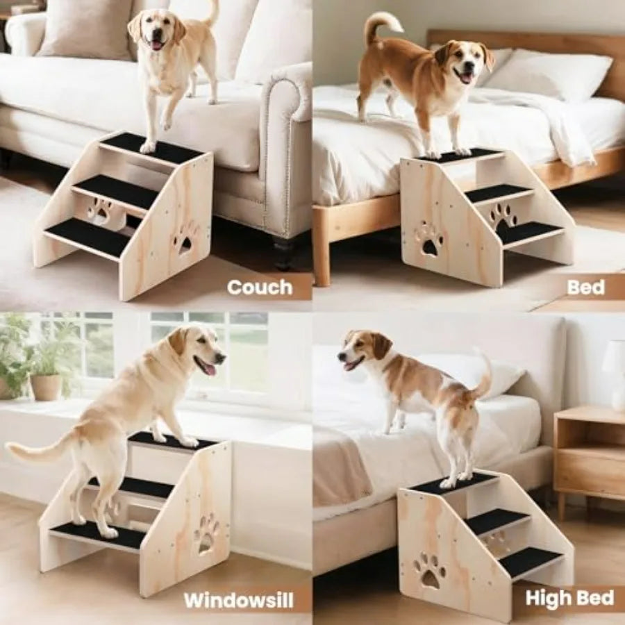 Dog Stairs Wooden 3Step Dog Ramp for Small Medium Large Older Cat Puppy Essentials Pet Step Ladder for High Bed Couch Car