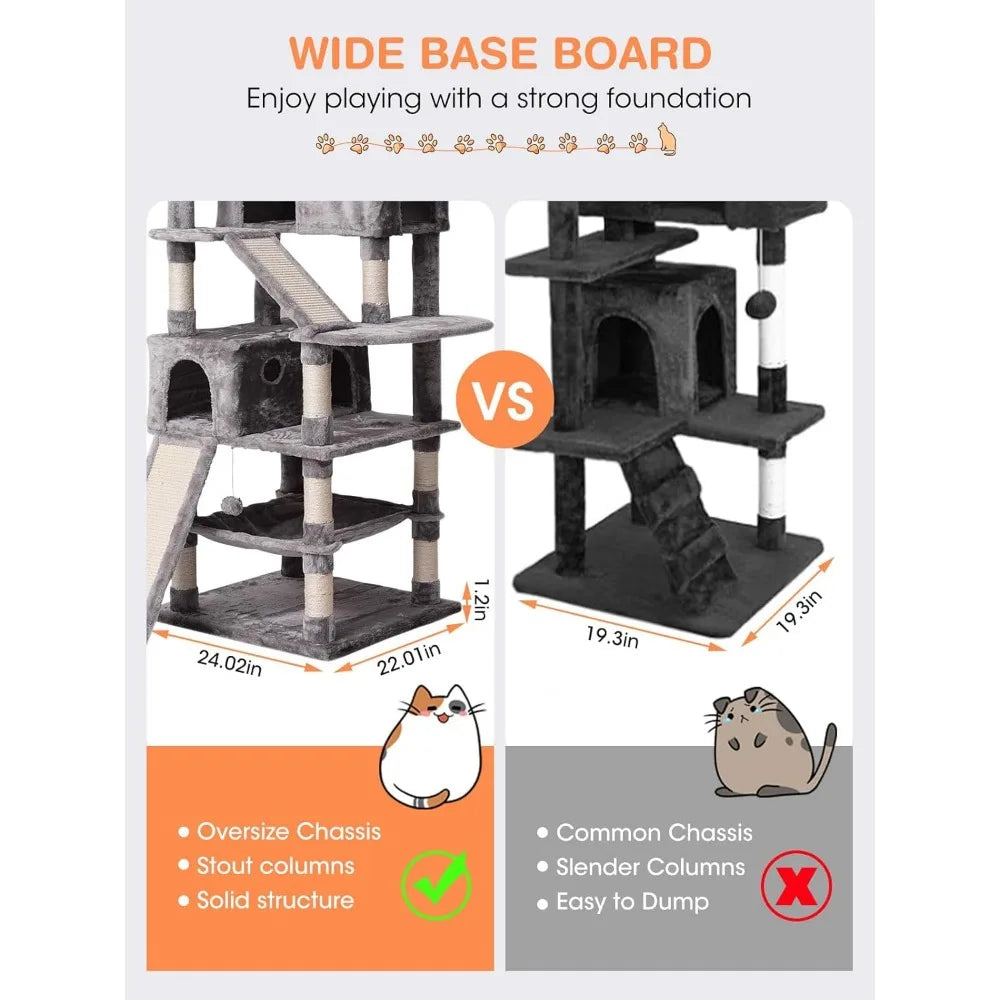 Cat Tree Cat Tower 70.1 in, Multi Level Cat Scratching Post with Condos, Ladders, Basket, Hammock & Plush Perches for Kittens
