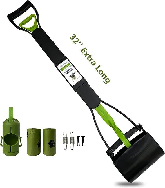 32" Pooper Scooper for Large Medium Small Dogs with Bag Attachment, Extra Long Handle Heavy Duty with 30 Dog Poop Bags & 1 Dispe