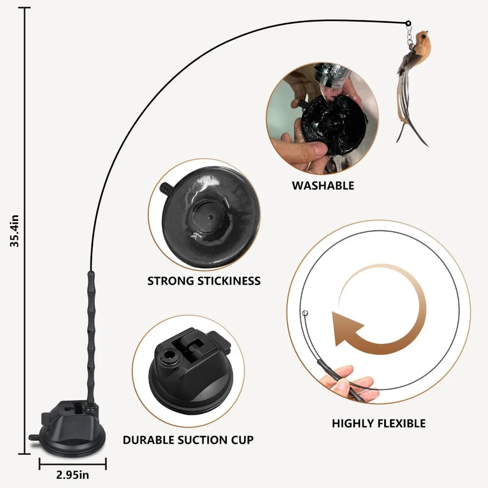 Cat Toys for Indoor Cats, Interactive Bird Cat Toy Self-Holding Suction Base with 5 Replaceable Birds, Door Hanging String, Feat