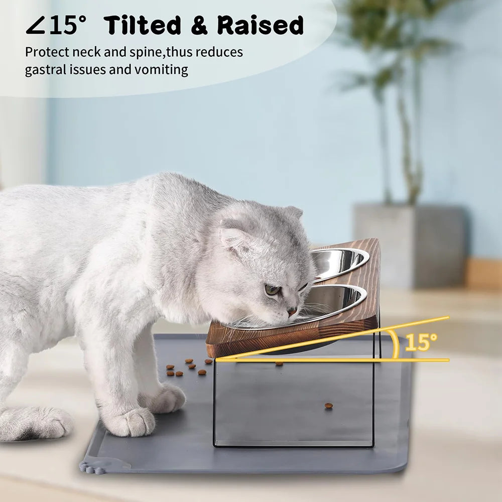 Upgraded Elevated Cat Bowls with Food Mat 15°Tilted Stand Anti Vomiting Raised Cat Dishes 2 Stainless Steel Bowls for Puppy