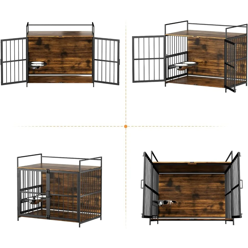 Dog Crate Furniture-Style Cages for Large Dogs Indoor Heavy Duty Super Sturdy Dog Kennels with 2 Stainless Steel Bowls (