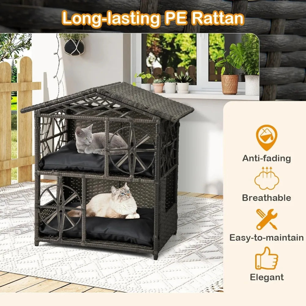 Two-Tier Rattan Cat House with Removable Cushions and Wicker Cat Cave Bed for Aesthetic Pet Shelter