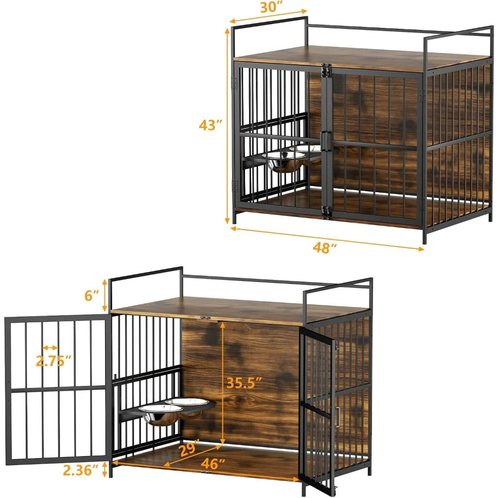 Dog Crate Furniture-Style Cages for Large Dogs Indoor Heavy Duty Super Sturdy Dog Kennels with 2 Stainless Steel Bowls (