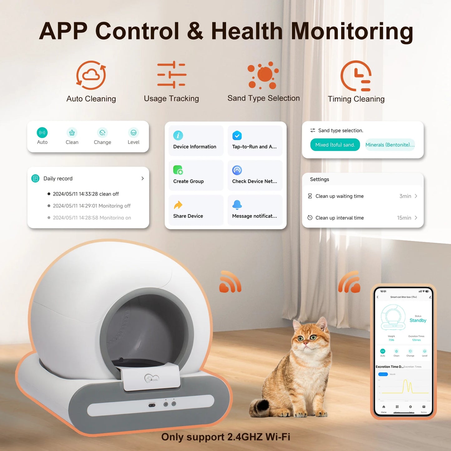 Self-Cleaning Cat Litter Box App Control, ONLY Supports 2.4G WiFi w/Litter Mat&Trash Bags, Fit for Tofu & Mixed Litter