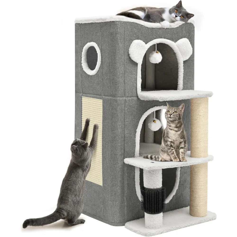 3-Tier Cat House, Cat Beds for Indoor Cats, Modern Cat Condo with Highway Cave, Scratch & Itching Post, Climbing Stand,