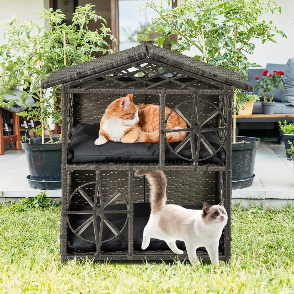 Two-Tier Rattan Cat House with Removable Cushions and Wicker Cat Cave Bed for Aesthetic Pet Shelter