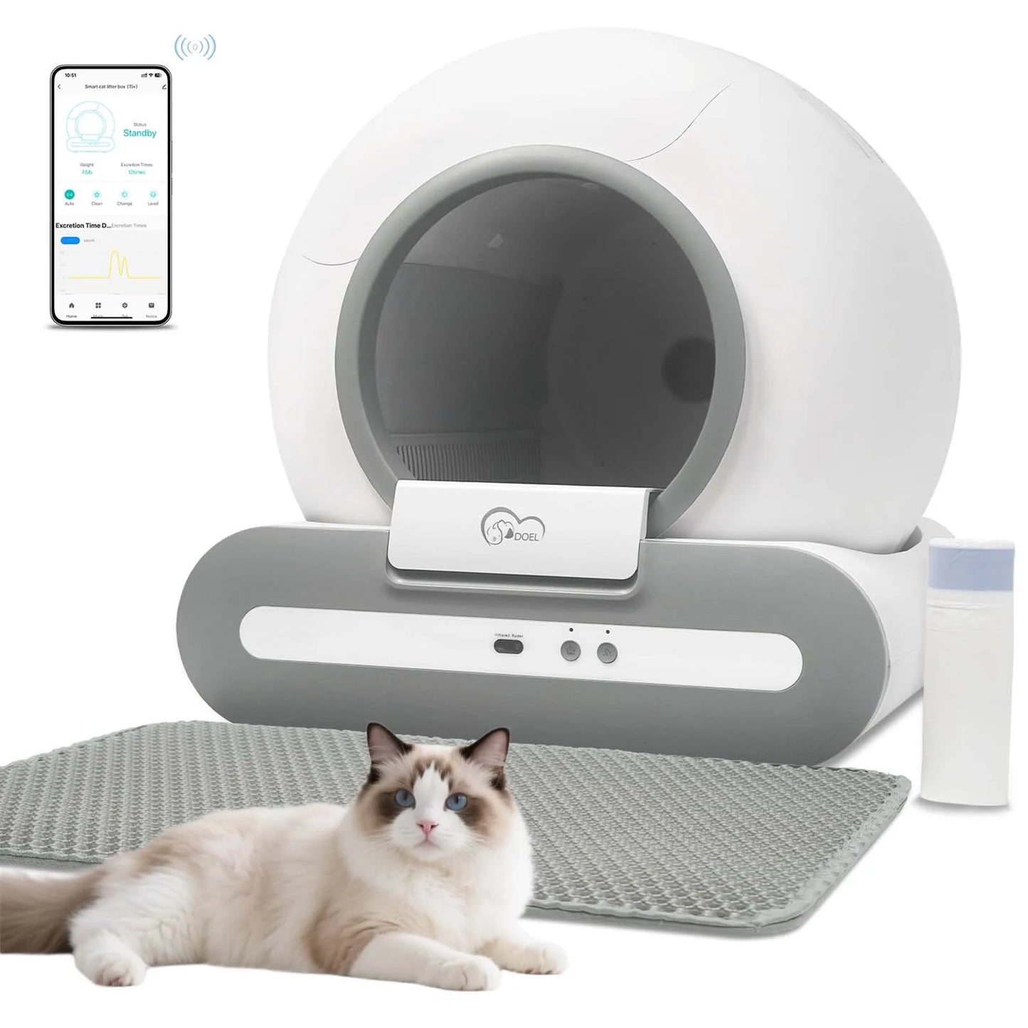 Self-Cleaning Cat Litter Box App Control, ONLY Supports 2.4G WiFi w/Litter Mat&Trash Bags, Fit for Tofu & Mixed Litter