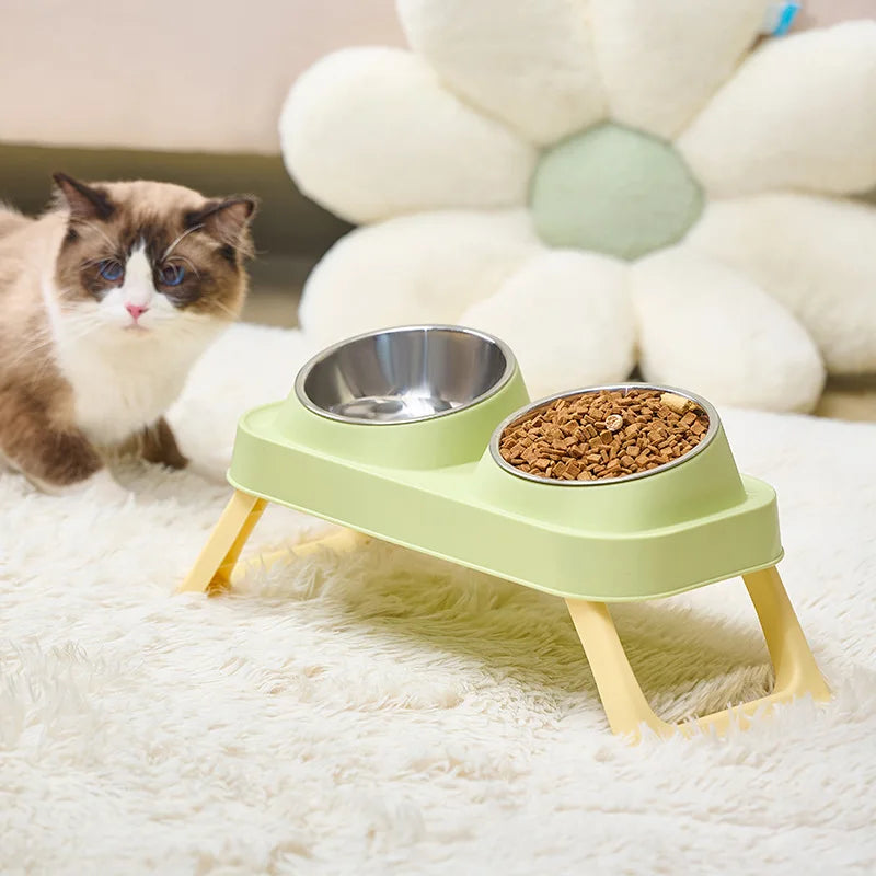 Stainless Steel Elevated Cat Bowl Dual Dish - Anti-Slip Non-Tip Raised Feeder Neck Support for Pets Dogs Cats
