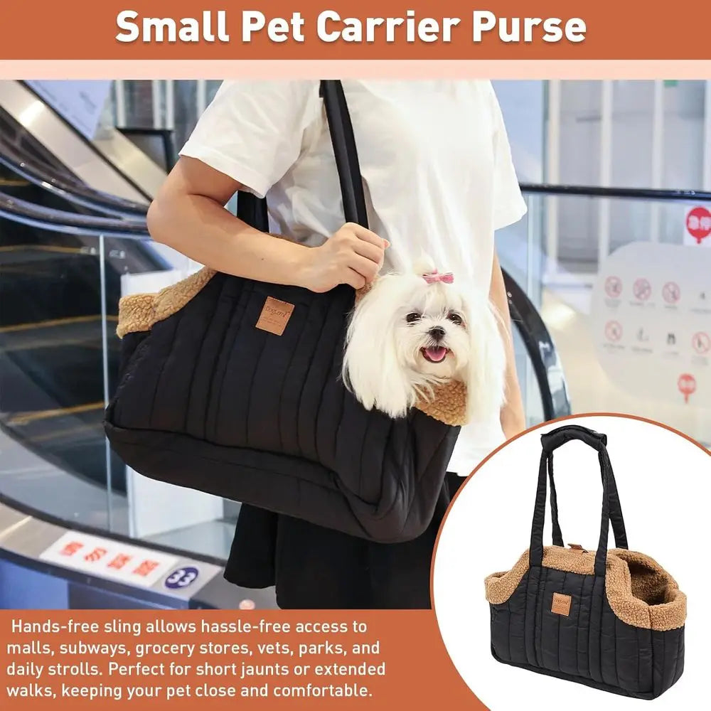 Small Dog Carrier Purse, Winter Fleece Warm Dog Tote Bag Carrier with Secure Harness Clip for Puppy Kitten, Waterproof Pet Trave