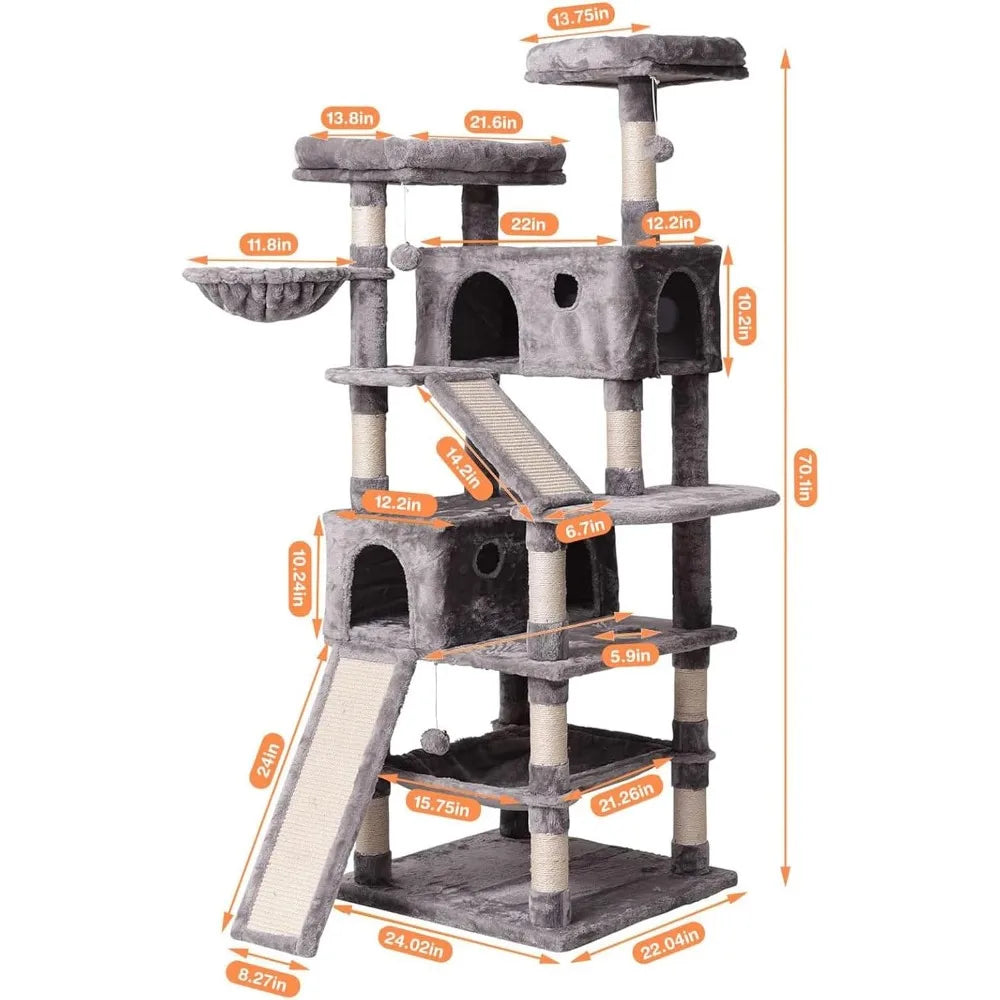 Cat Tree Cat Tower 70.1 in, Multi Level Cat Scratching Post with Condos, Ladders, Basket, Hammock & Plush Perches for Kittens