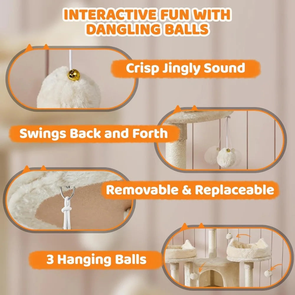 Cat Tree Cat Tower, Multilevel Cat Condo with Sisal Scratching Post as Indoor Cats Play House, Beige