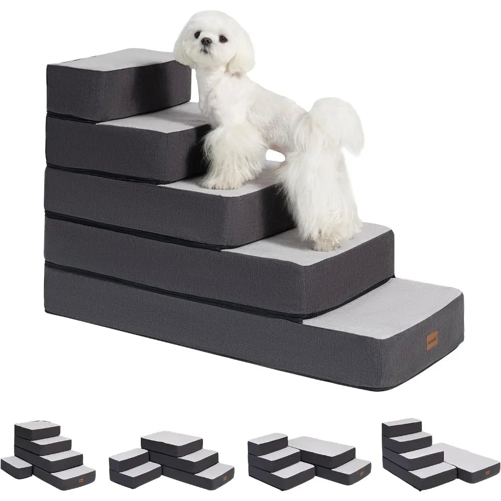 5-Step Adjustable Dog Stairs for High Beds, Dog Steps for Small Dogs and Cats, Foldable Pet Stairs for Bed Climbing, Non-Slip Pe