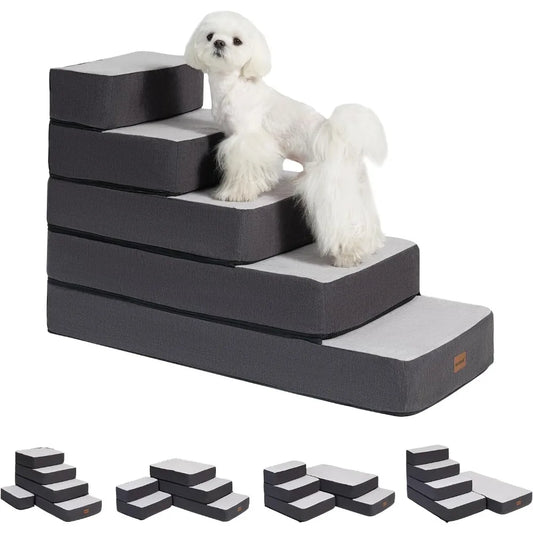 5-Step Adjustable Dog Stairs for High Beds, Dog Steps for Small Dogs and Cats, Foldable Pet Stairs for Bed Climbing, Non-Slip Pe