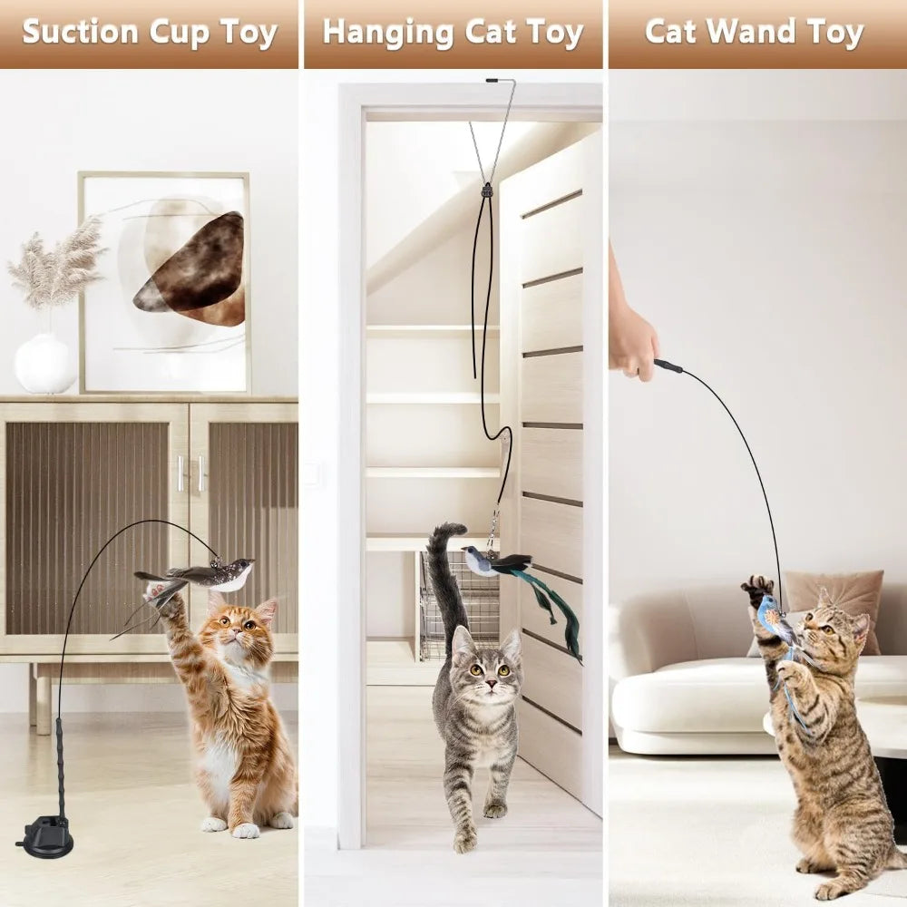 Cat Toys for Indoor Cats, Interactive Bird Cat Toy Self-Holding Suction Base with 5 Replaceable Birds, Door Hanging String, Feat