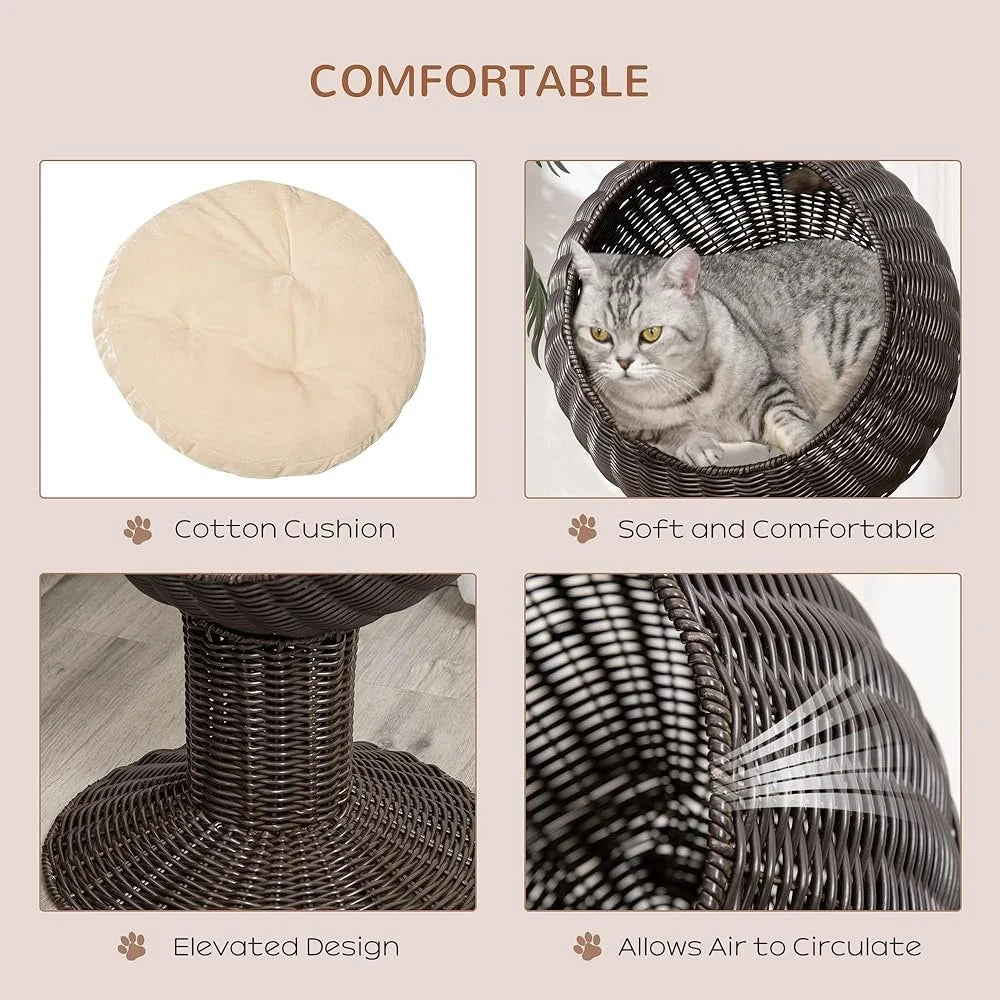 Elevated Cat Bed Rotatable Egg Chair Pod Natural Grass Woven Kitty House with Thick Cushion Cozy Basket Napping Space