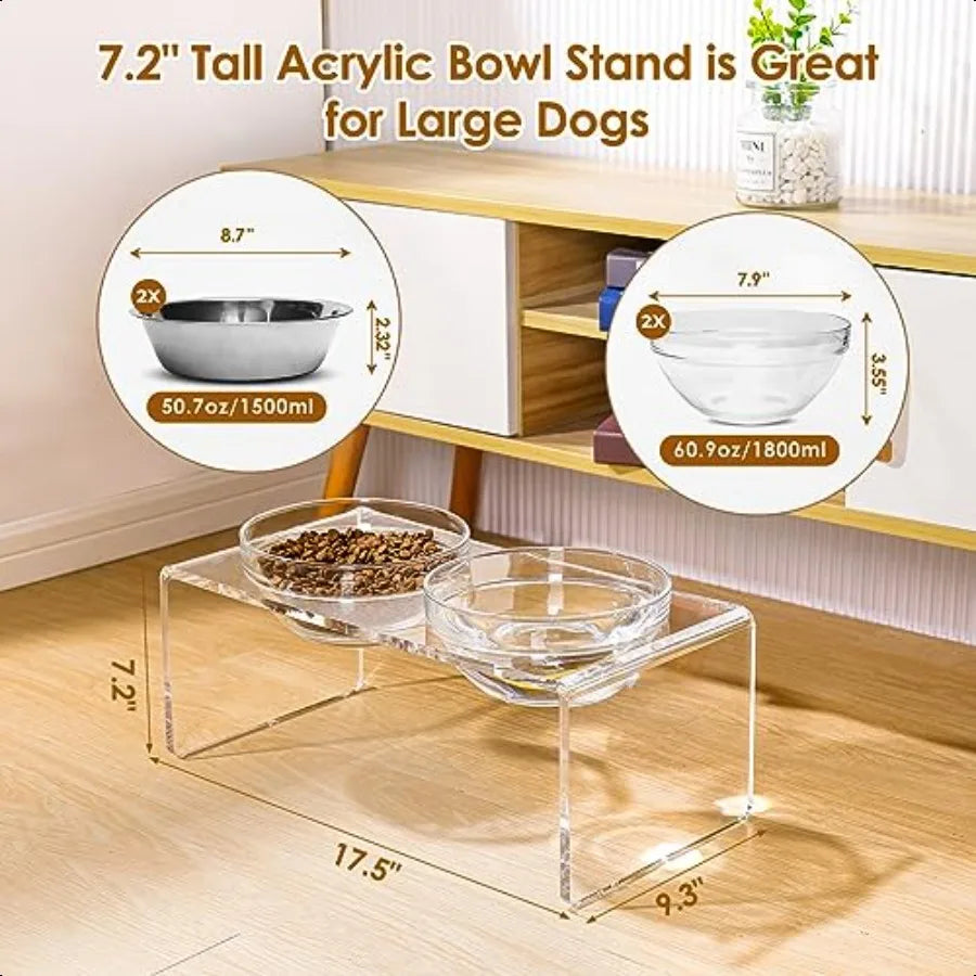 Acrylic Elevated Dog Cat Bowls Pet Feeder Double Bowl Raised Stand Comes with 2 Removable Glass Bowls and 2 Stainl Steel Bowls.