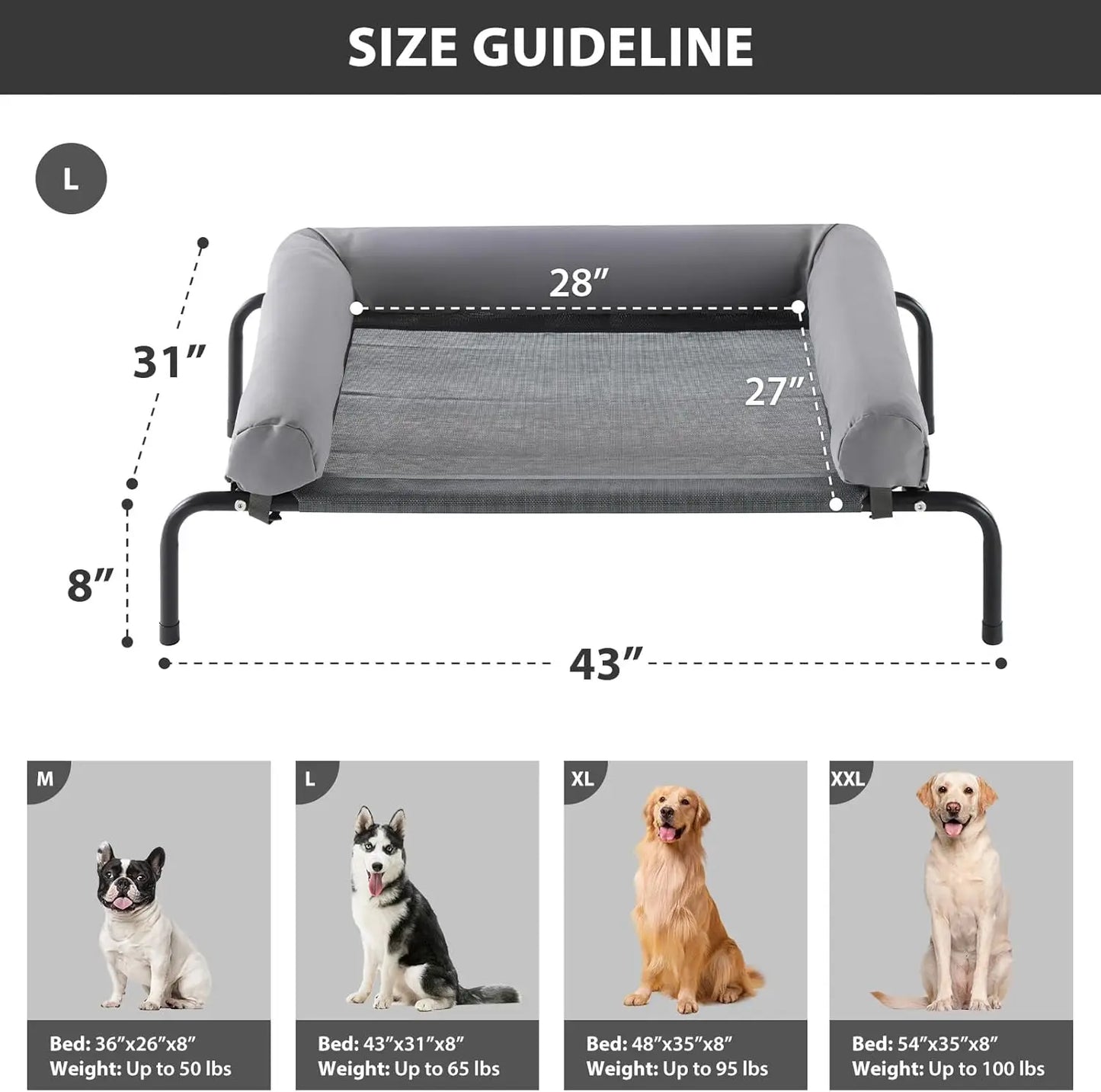 Large Elevated Cooling Dog Bed with Breathable Mesh, Chew-Proof Design for Outdoor Use, Portable Pet Cot