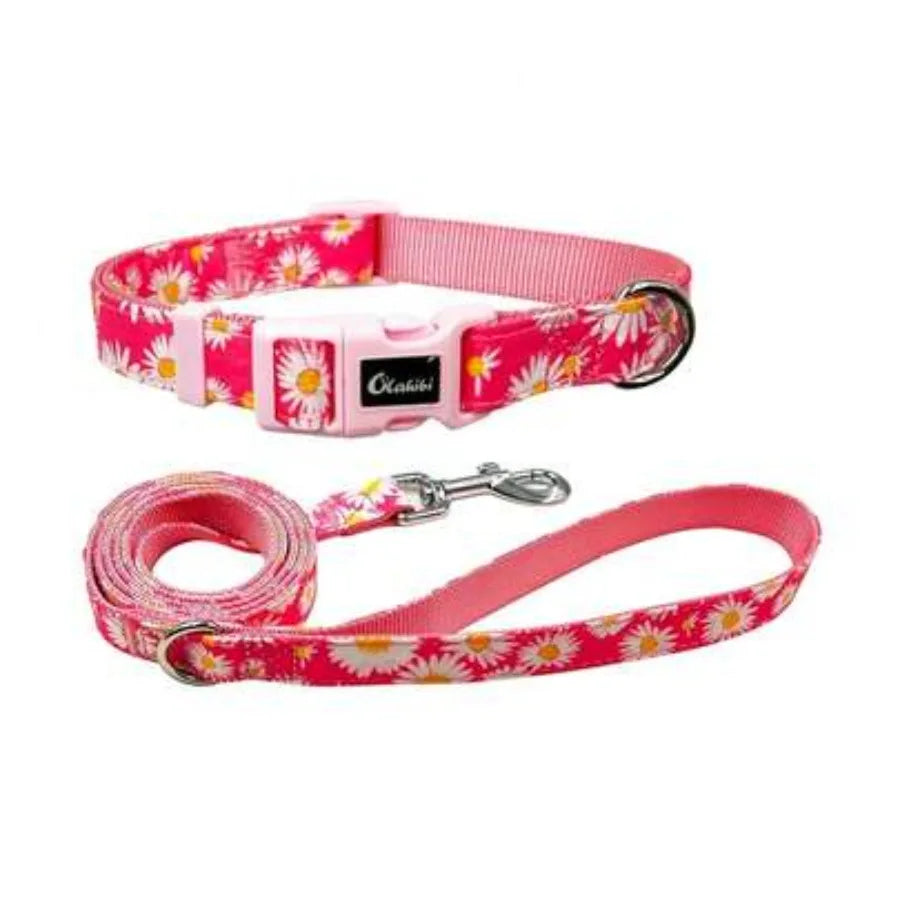 Collar And Leash Set, Cute Pink Daisy Pattern, Polyester Material, 5ft Leash, For Small Dogs. Small, Pink Daisy