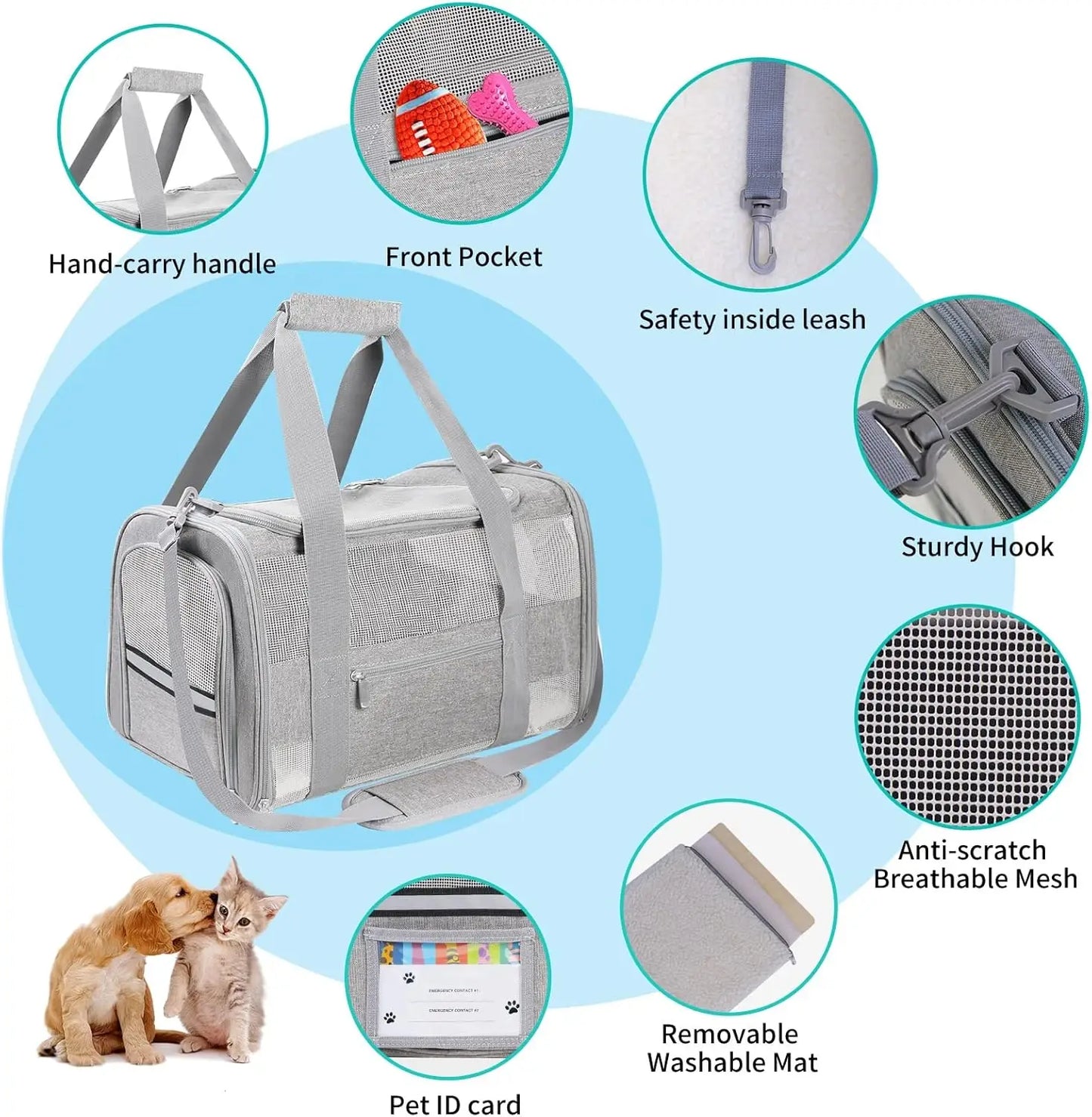 Soft Sided Cat Carrier for Small Cats & Puppies Up to 15 Lbs, Airline Approved, Collapsible Travel Carrier with Reflective Strip