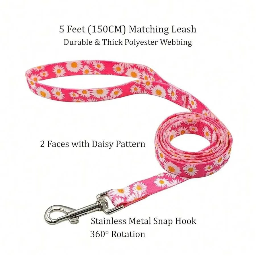 Collar And Leash Set, Cute Pink Daisy Pattern, Polyester Material, 5ft Leash, For Small Dogs. Small, Pink Daisy