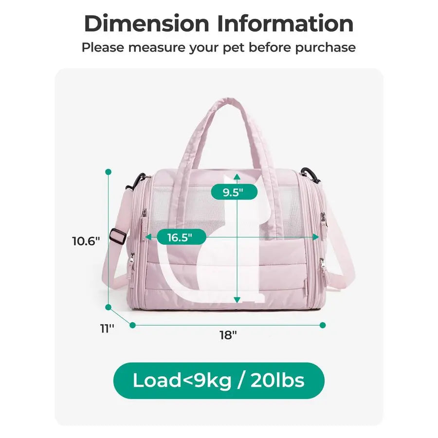 Cat Carrier SoftSided Pet Carrier for Small Medium Cats Dogs Puppy Quilted Collapsible Puffy Travel Bag Up to 20 Lbs Pink