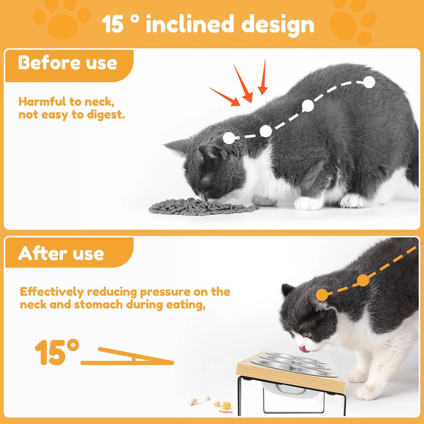 Elevated Cat Bowls 15° Tilted Pet Raised Bowls Height Adjustable Raised Cat Bowl Stainless Steel / Ceramic Bowl Anti Vomitting