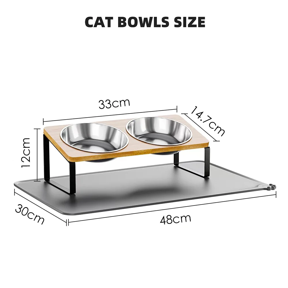 Upgraded Elevated Cat Bowls with Food Mat 15°Tilted Stand Anti Vomiting Raised Cat Dishes 2 Stainless Steel Bowls for Puppy