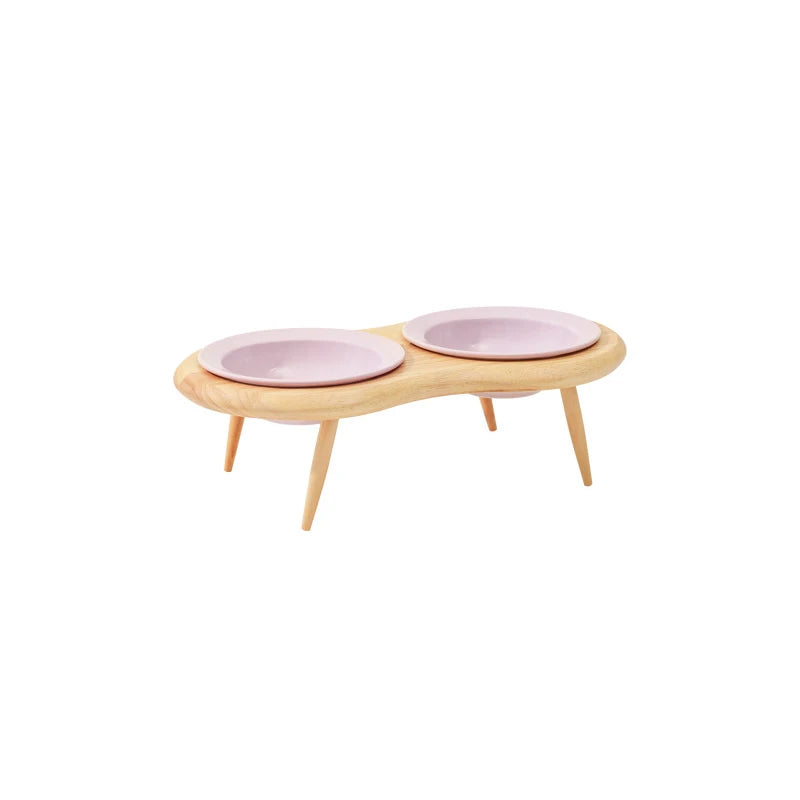 Cat Ceramic Bowl Small Dogs Double Food Water Bowls Pet Elevated Height Adjustable Drinking Eating Bowls with Wooden Stand
