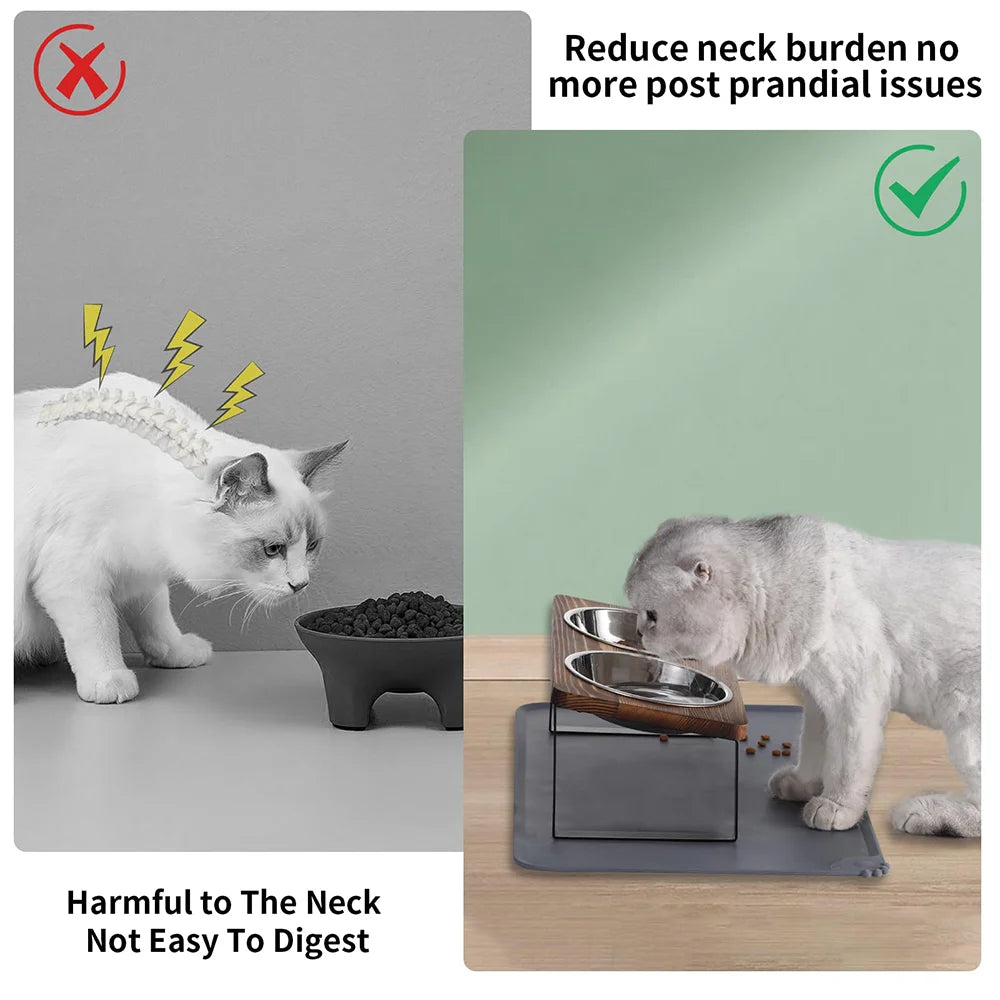 Upgraded Elevated Cat Bowls with Food Mat 15°Tilted Stand Anti Vomiting Raised Cat Dishes 2 Stainless Steel Bowls for Puppy