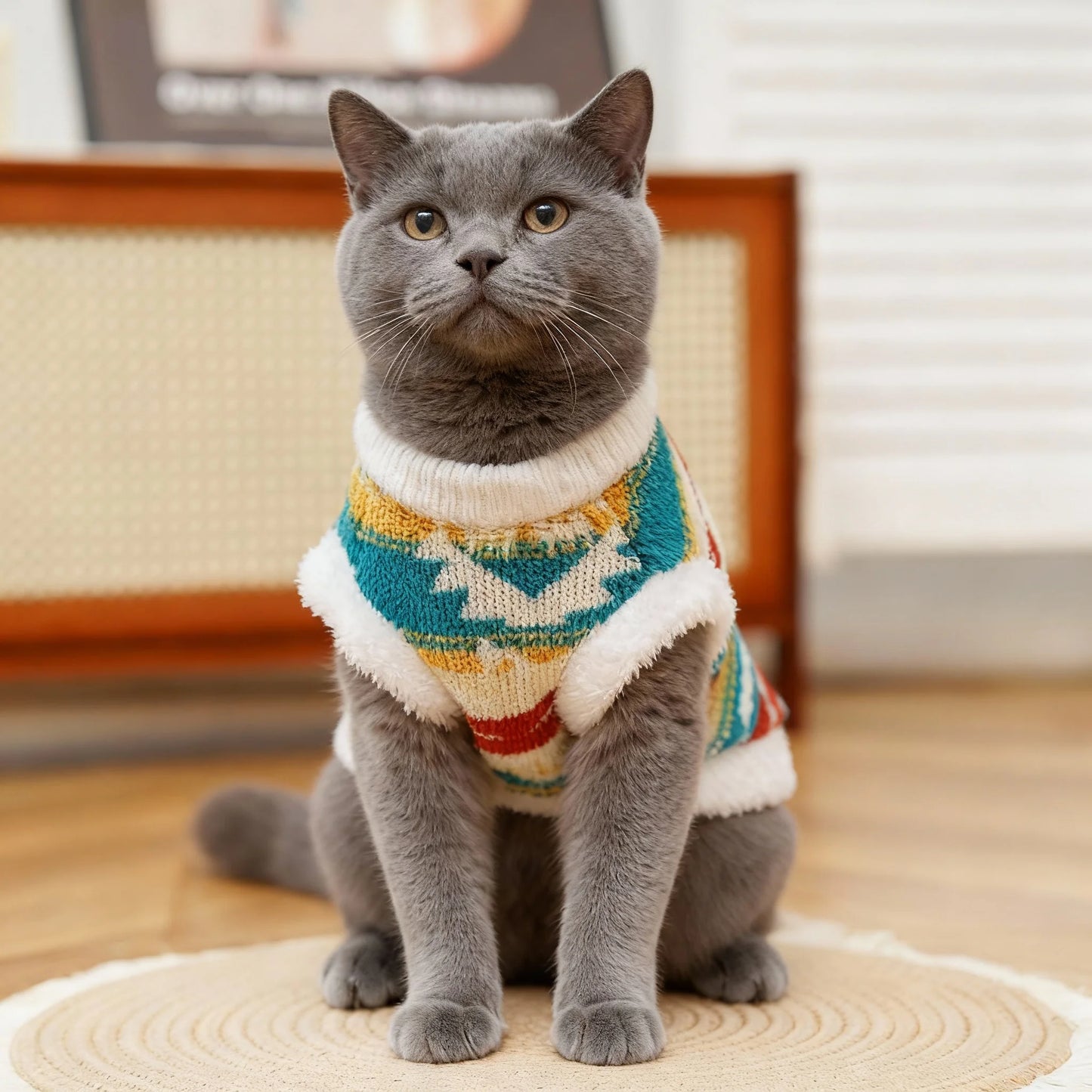 Dog Cat Vest - Winter Warm Plush Sleeveless Jacket, Nordic Knit Pattern Pet Coat, Cozy Fleece Lined Puppy Kitten Appar