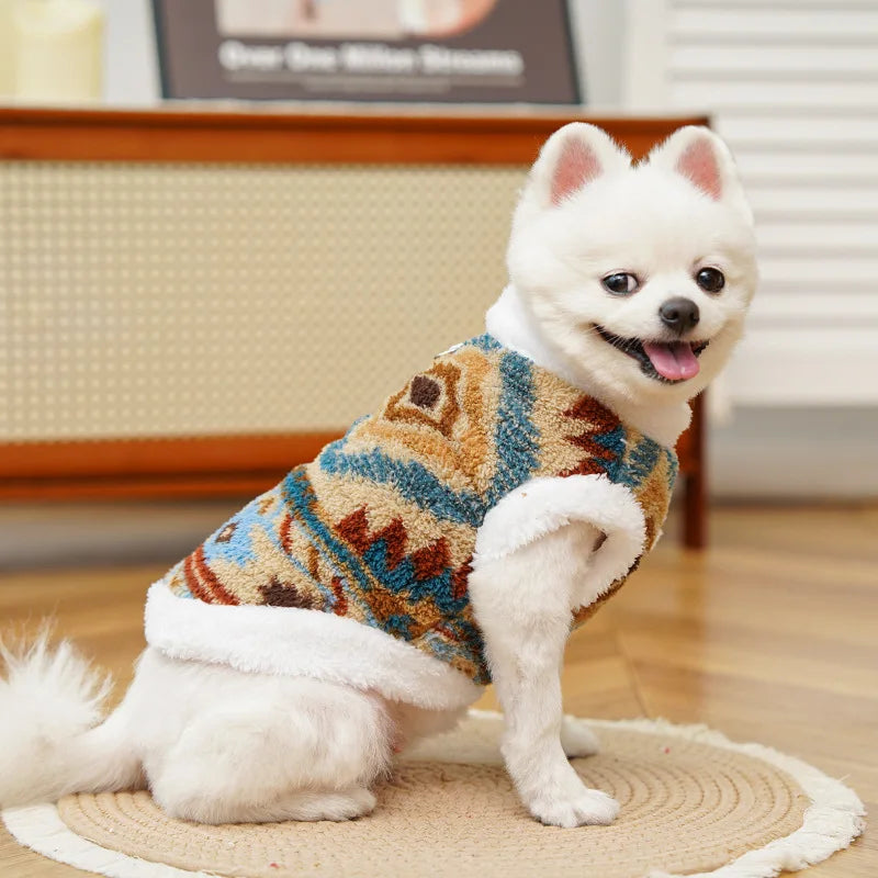Dog Cat Vest - Winter Warm Plush Sleeveless Jacket, Nordic Knit Pattern Pet Coat, Cozy Fleece Lined Puppy Kitten Appar