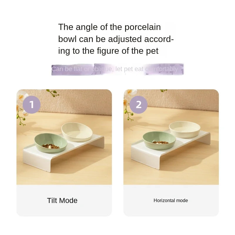 Ceramic Beveled Double Bowl Pet Cat Bowl Dog Drinking Bowl with Iron Frame Anti-Knock Neck Protection Pet Supplies Accessories