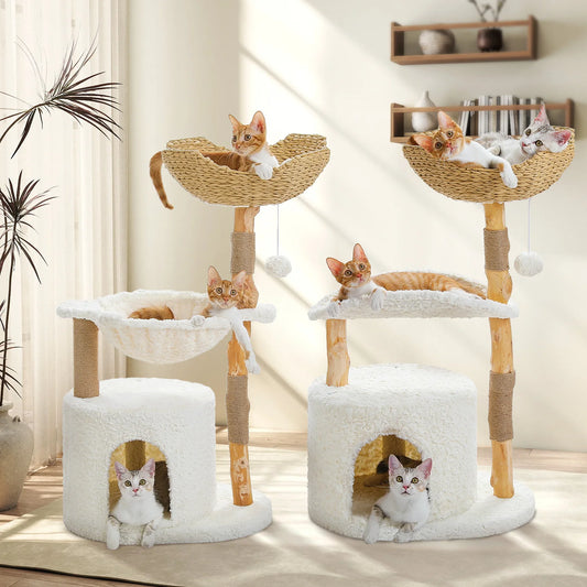 Functional Modern Cat Tree Tower with Large Woven Wicker Basket,Cozy Hammock,Natural Solid Wood Scratching Post, Cat Accessories