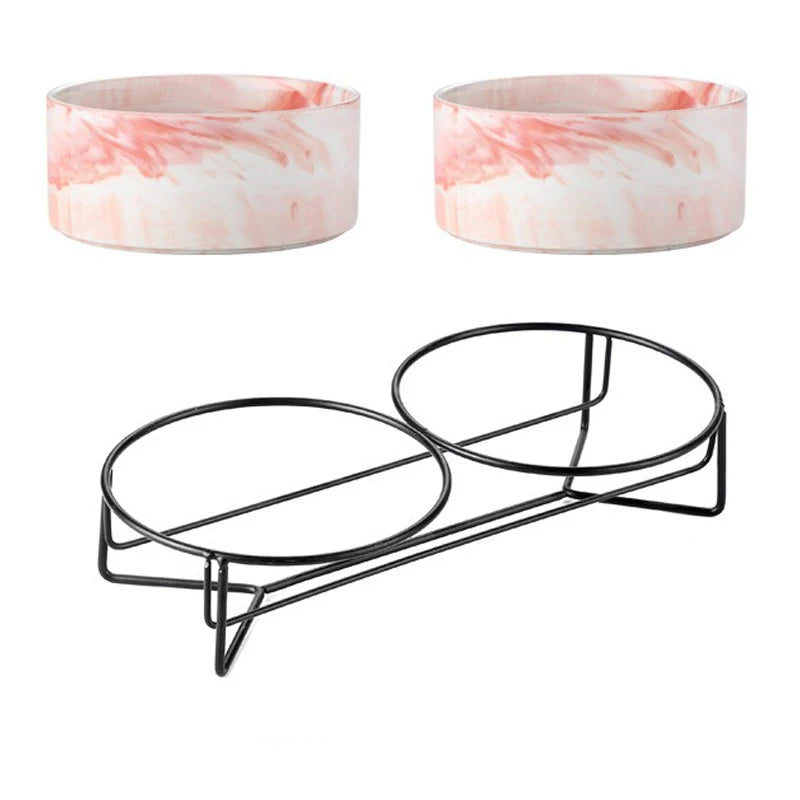 Ceramic Cat Bowl Double Marble Feeder for Dog Puppy with Raised Stand Non-Slip Feeding Food and Water Accessories Products #P021