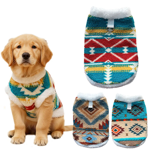 Dog Cat Vest - Winter Warm Plush Sleeveless Jacket, Nordic Knit Pattern Pet Coat, Cozy Fleece Lined Puppy Kitten Appar
