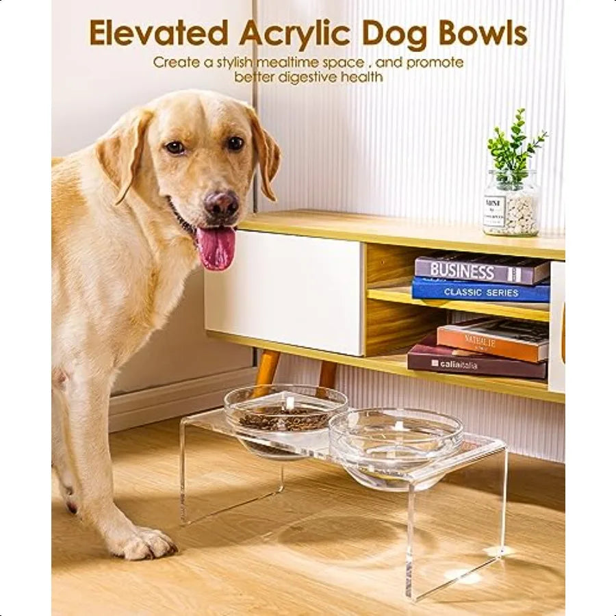 Acrylic Elevated Dog Cat Bowls Pet Feeder Double Bowl Raised Stand Comes with 2 Removable Glass Bowls and 2 Stainl Steel Bowls.