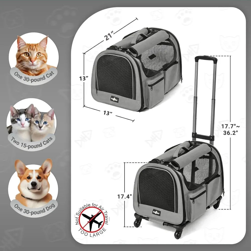 Pet Carrier with Wheels, Foldable Rolling Dog Carrier with Big Pocket, Cat Rolling Bag 21x13x13 for 2 Cats & Dog